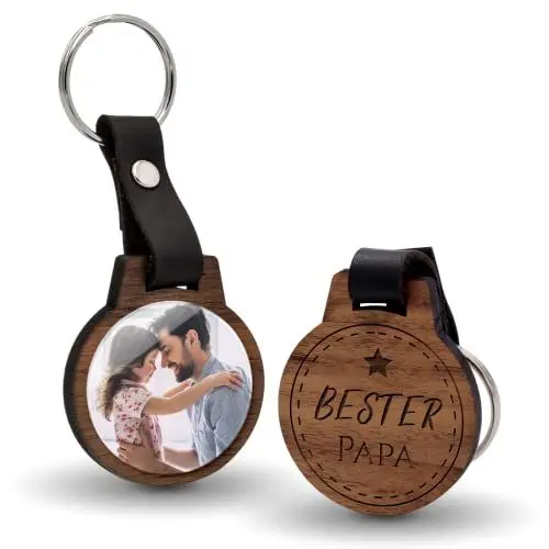 Produktbild: CHRISCK design Schlüsselanhänger mit Foto und Gravur - echtes Holz - kratzfestes Foto! - Geburtstagsgeschenk für Papa personalisiert - Bester Papa Dad Vater - Papa Geschenke Geburtstag Baby Tochter