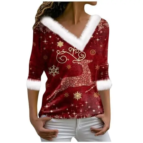 Produktbild: Christmas Karobluse Flanell Damen Weihnachten Bluse Retro I Love T Shirt Oberteile Damen Langarm Trachtenbody Damen Weihnachten Tshirt Damen Baumwolle Hemdbluse Beige Xmas Outdoor Hemden
