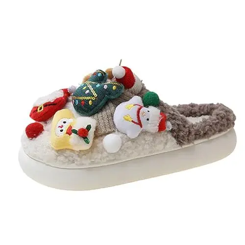 Produktbild: Christmas Shoes Damen Fake Fell Hausschuhe Kunstfell Aus Filz mit Antirutsch-Sohle Plüsch Lustige Slippers mit Fester Sohle Warm Winter Hausschuhe Warme Plüsch Pantoffeln Hausschuhe Damen Antirutsch
