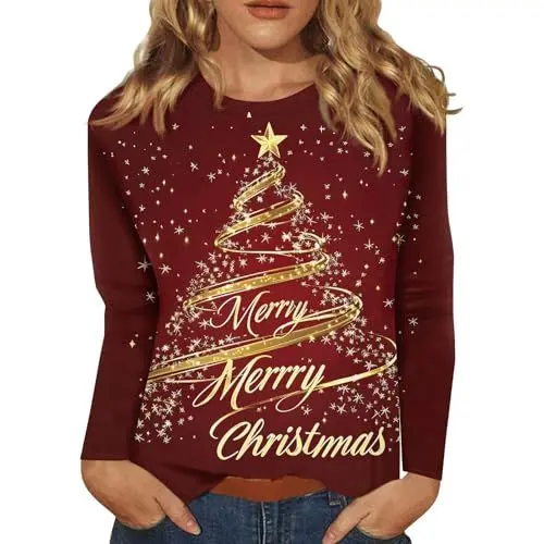 Produktbild: Christmas Weihnachts Tshirt Tshirt Damen Oversize Bluse Damen Schwarz Damen Casual Weihnachten T-Shirt Langarmshirt Weihnachten Kleid Damen Weihnachtsfeier Festliches Outfit Gold 3XL