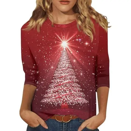 Produktbild: Christmas Weihnachtsoutfit Damen Tunika Damen Elegant Festliche Tunika Christmas T-Shirt Damen Festliches Outfit Top Schwarz Damen Elegant Geschenke Süßigkeiten Weihnachten Rot 2XL