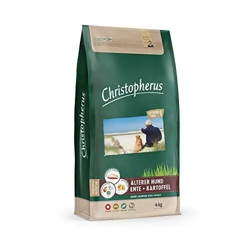 Produktbild: Christopherus Grainfree Senior, Vollnahrung für futtersensible Hunde ab dem 6. Jahr, Trockenfutter, Ente + Kartoffel, Krokettengröße ca. 1 cm, Älterer Hund, 4 kg