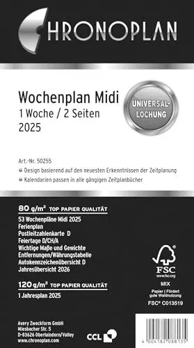 Produktbild: Chronoplan 50255 Kalendereinlage 2025 (Wochenplan Midi (96x172mm), Ersatzkalendarium für Terminplaner, ideal für detaillierte Wochenplanung, 1 Woche auf 2 Seiten in Zeilen, mit Universallochung) weiß