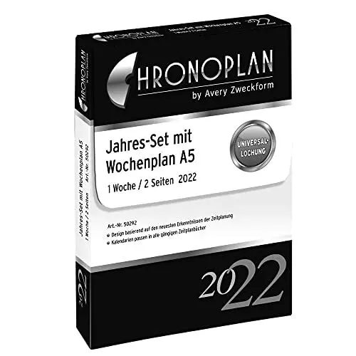 Produktbild: Chronoplan 50292 Kalendereinlage 2022, Jahres-Set A5 mit Wochenplan (148x210mm), Ersatzkalendarium, ideal für professionelle Wochenplanung, mit Uhrzeit, Multilochung (1 Woche auf 2 Seiten), weiß