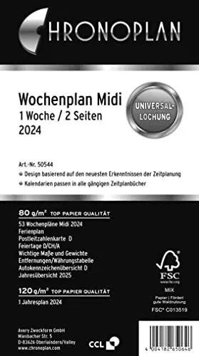 Produktbild: Chronoplan 50544 Kalendereinlage 2024 (Wochenplan Midi (96x172mm) Ersatzkalendarium für Terminplaner, ideal für detaillierte Wochenplanung, 1 Woche auf 2 Seiten in Spalten, mit Universallochung) weiß