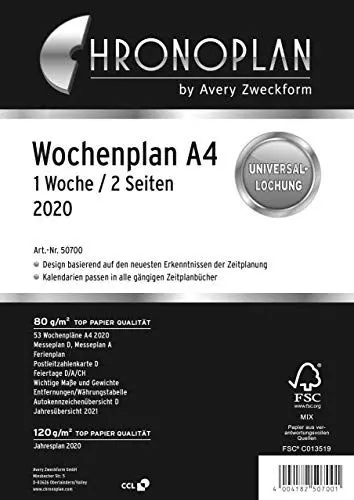 Produktbild: Chronoplan 50700 Kalendereinlage 2020 (Wochenplan A4 in Spalten (210 x 297 mm), Ersatzkalendarium, ideal für detaillierte Wochenplanung, 4er Lochung (1 Woche auf 2 Seiten)) weiß