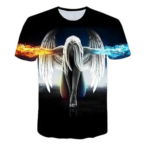 Produktbild: CHSLO Herren 3D Druck T-Shirt Sommer Mädchen Engel Unisex 3D-Gedrucktes T-Shirt Rundhals Herren Kurzarm Frühling Lässiges Atmungsaktives Halbarm-Stretch-Sweatshirt