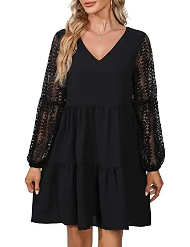 Produktbild: chuangminghangqi Minikleid für den Sommer, für Damen, V-Ausschnitt, mit Laternenärmeln, Kleid mit Ärmeln, Spitze, lang, ausgeschnitten, sexy, elegant, mit Taschen, Strand, Urlaub, Schwarz , 36