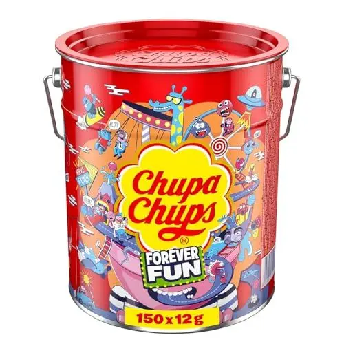 Produktbild: Chupa Chups Best of Lollipop-Eimer, enthält 150 Lutscher in 5 Geschmacksrichtungen in der Pop-Art Metall-Dose, geeignet für Geburtstag, 150 x 12g