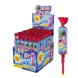 Produktbild: Chupa Chups Melody Pops Erdbeere, Thekendisplay mit 48 fruchtigen Erbeer-Lollis in Flötenform zum Musik spielen, für Partys und Weihnachten, 48 x 15g