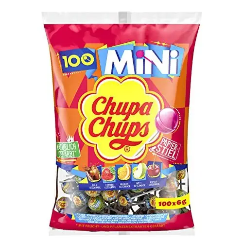 Produktbild: Chupa Chups Mini Classic Lutscher-Beutel, enthält 100 Mini-Lollis, Cola, Orange, Erdbeere, Apfel und Kirsche, geeignet für Geburtstag, 100 x 6g