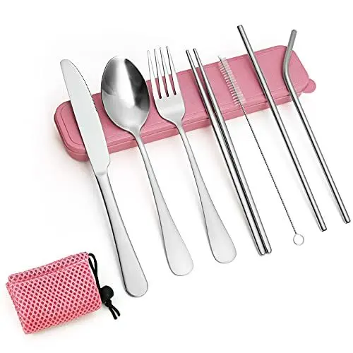 Produktbild: Cibeat 9-teiliges Besteckset Tragbares Wiederverwendbares Reiseset Camping Besteckset Hochwertiger Edelstahl mit Rosa Aufbewahrungskoffer und Netztasc