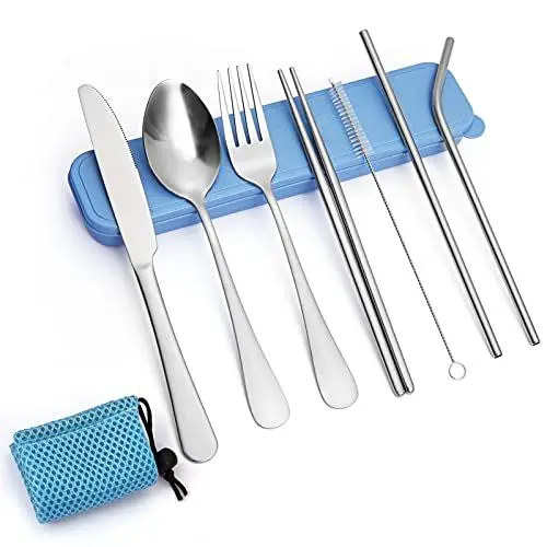 Produktbild: Cibeat Campingbesteck 9-teilig Set für Unterwegs, Besteck Camping mit Blau Besteckbox & Bestecktaschen, Outdoor Besteck Gehören Messer, Gabel, Löffel, Essstäbchen, Strohhalme, Reinigungsbürste