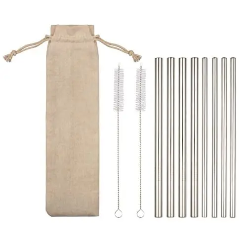Produktbild: Cibeat Edelstahl Strohhalme wiederverwendbar, 10 Metall Trinkhalme Set, 2 dicke + 4 dünne gerade Strohhalme mit 2 Reinigungsbürsten und Einer Beigen Tragetasche, Waschbar, umweltschonend