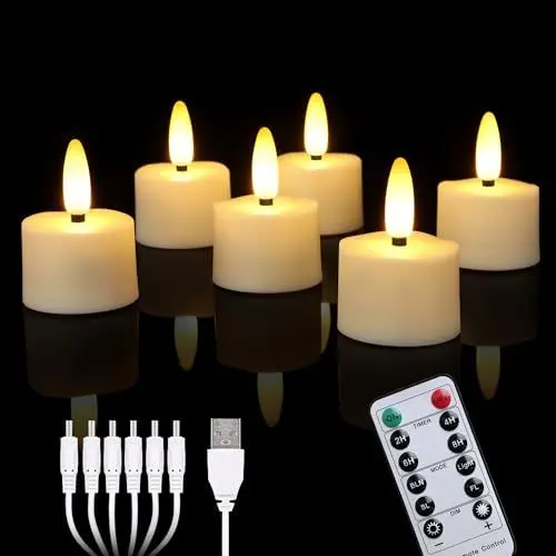 Produktbild: Cibnew Aufladbare Halloween LED Teelichter mit Timer Fernbedienung Flackern USB-Kabel Elektrische Wiederaufladbare Kerzen,Dimmbar Weihnachten Party Deko (6 Stück Beige)
