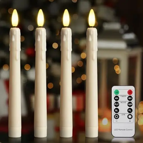 Produktbild: Cibnew Flammenlose LED-Kerzen mit Timerfunktion und Fernbedienung tropfendem Wachs Spitzkerzen 3D-licht Fensterkerzen für Chirstams Halloween Deko (4 Stück Beige)