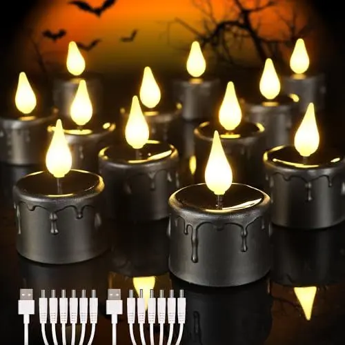 Produktbild: Cibnew Wiederaufladbare Teelichter Flackernde Flamme LED Kerzen mit 2 Stück USB-Kabel für Party Zimmer Halloween Weihnachtsdekoration (12 Stück Schwarz)