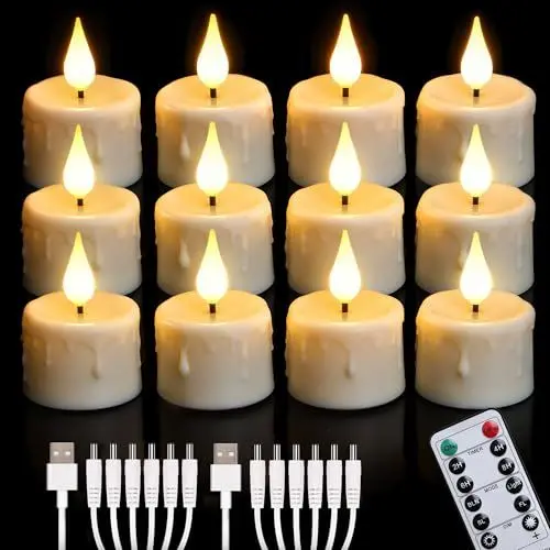 Produktbild: Cibnew Wiederaufladbare Teelichter mit Fernbedienung & Timerfunktion Flackernde Flamme LED Kerzen mit 2 Stück USB-Kabel für Party Zimmer Halloween Weihnachtsdekoration (12 Stück Beige)