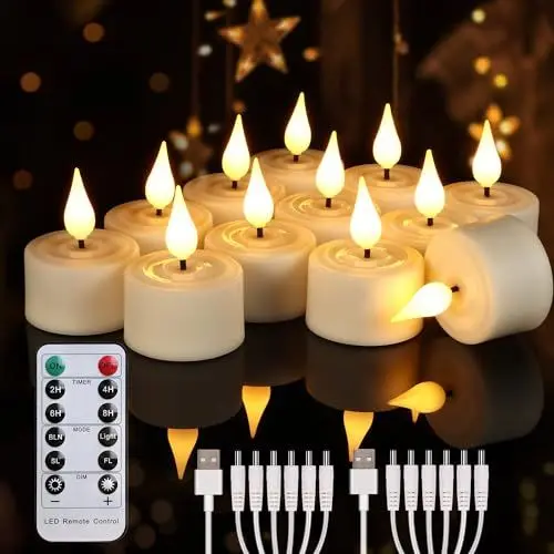 Produktbild: Cibnew Wiederaufladbare Aufladbare LED Teelichter mit Timer Fernbedienung Flackern USB-Kabel Elektrische Wiederaufladbare Kerzen,Dimmbar Weihnachten Party Deko (12 Stück Beige)