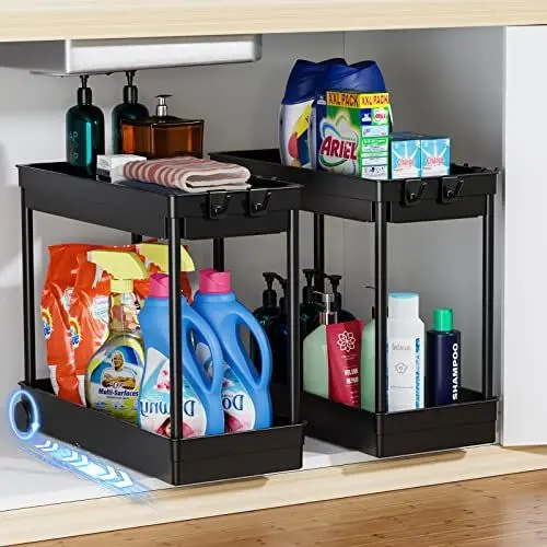 Produktbild: Cicilyna Spülschrank, Küchenschrank Organizer mit Edelstahlrohr, 2 St. Unter Waschbecken Regal, Unterschrank mit 4 Haken, Schrankkörbe für Küche, Bad - Schwarz