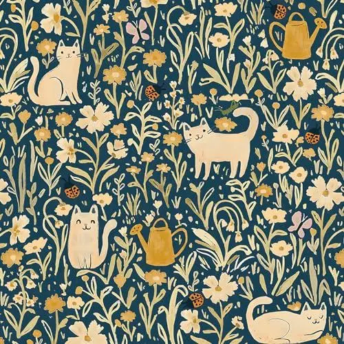 Produktbild: CiCiwind Selbstklebende Tapete 41×300cm Blumen Tapete Blau Möbelfolie Selbstklebend Gelbe Blume und Katze Muster Tapete Verdickung Vinyl Klebefolie Für Wohnzimmer Schlafzimmer Kinderzimmer
