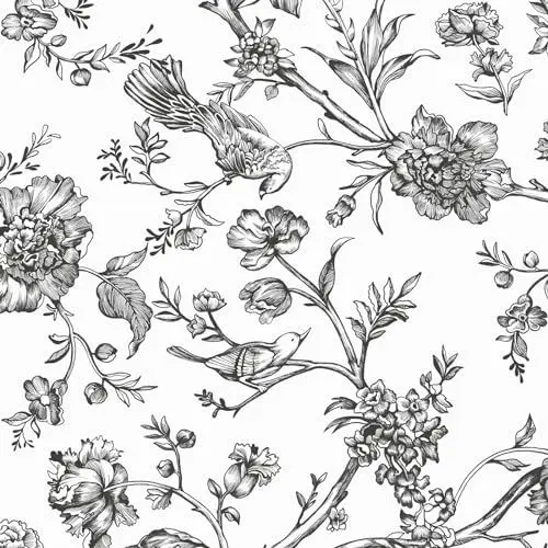 Produktbild: CiCiwind Selbstklebende Tapete Blumen 44×300cm Schwarz und Weiß Tapete Blume und Vögel Wandverkleidung Selbstklebend Verdicken Möbelfolie Selbstklebend Wasserdicht Wand Möbel Dekorativ Klebefolie