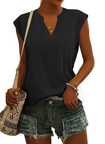 Produktbild: Cicy Bell Bluse Damen Elegant Ärmellose T-Shirt V Ausschnitt Cap Tops Shirt T-Shirts für Damen Sommer Hemden Oberteile Schwarz S