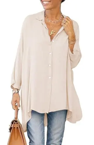 Produktbild: Cicy Bell Damen Bluse Oversized Langarm Button Down Hemdbluse V-Ausschnitt Sommer Satin T-Shirt Elegant Oberteile Shirt Einfarbig Casual Tops Beige S