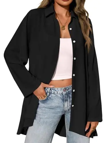 Produktbild: Cicy Bell Damen Bluse V-Ausschnitt Satin Hemden Elegant Langarm Casual Arbeit Oberteile mit Knöpfen Tunika Tops Locker Longshirt Lässige Shirt Lose Langarmshirt Schwarz XL
