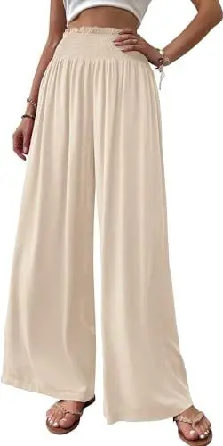 Produktbild: Cicy Bell Damen Hosen Gerade Locker Elastische Weite Beinhose Taille Palazzo Hose Mit Taschen Aprikosen M