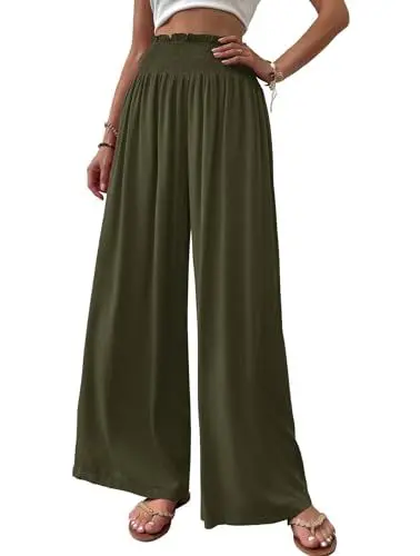 Produktbild: Cicy Bell Damen Hosen Gerade Locker Elastische Weite Beinhose Taille Palazzo Hose Mit Taschen Military Green L