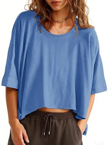 Produktbild: Cicy Bell Damen Oversize T-Shirts Kurz Crop Tops Sommer Rundhals Kurzärmeliges Sport Oberteil Sommerblusen Kurzarm Gym Top Basic Tee Bauchfrei Shirts Blau M