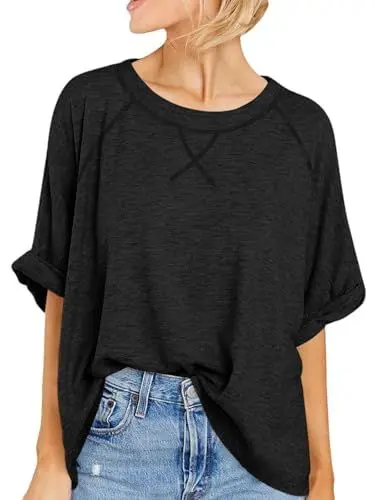 Produktbild: Cicy Bell Damen Oversize T Shirt Sommer Kurzarm Rundhals Oberteil Kurzärmeliges Tops Casual Lockere Basic Shirts Frauen Elegant Bluse Tee Schwarz L