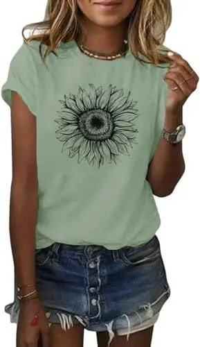 Produktbild: Cicy Bell Damen Sonnenblumen T Shirt Sommer Kurzarm Niedlich Grafik Lose T-Shirts Für Damen Tops Bohnengrün XXL