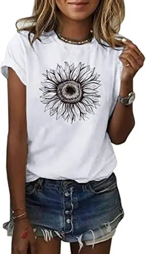 Produktbild: Cicy Bell Damen Sonnenblumen T Shirt Sommer Kurzarm Niedlich Grafik Lose T-Shirts Für Damen Tops Weiss M