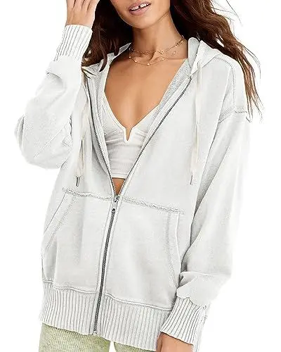 Produktbild: Cicy Bell Damen Sweatjacke Hoodie Oversize Kapuzenpullover Full Zip Pullover Oberteile Einfarbig Basic Sweatshirt Mit Taschen Weiß XL