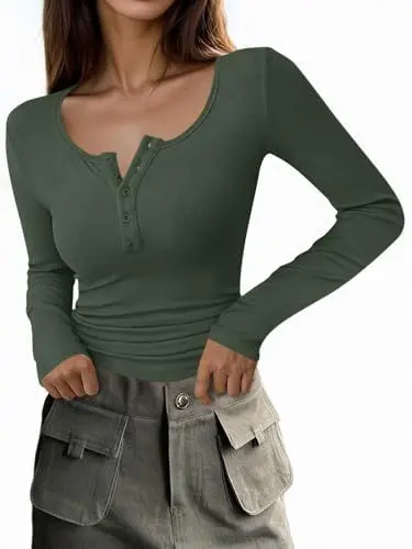 Produktbild: Cicy Bell Damen V Ausschnitt Langarm Oberteile T-Shirts Knopf Gerippte Strick Langarmshirt Slim Fit Basic Henley Tunika Shirts Herbst Winter Oberteile,Armeegrün,S