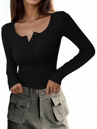 Produktbild: Cicy Bell Damen V Ausschnitt Langarm Oberteile T-Shirts Knopf Gerippte Strick Langarmshirt Slim Fit Basic Henley Tunika Shirts Herbst Winter Oberteile,Schwarz,S