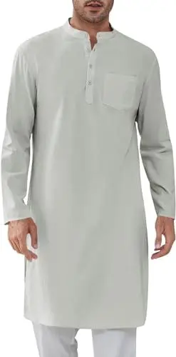 Produktbild: Cicy Bell Herren Kaftan Robe Langarm Thobe Button Down V-Ausschnitt Henley Casual Side Split Kleid Shirt Grau M