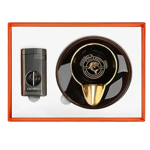 Produktbild: CIGAROL Aschenbecher, Keramischer Aschenbecher für Draussen, Zigarrenaschenbecher mit Feuerzeug, Tragbarer Zigarren Zubehör Set, Tolle Geschenke für Männer (Schwarz)