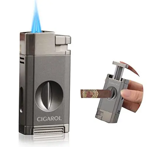Produktbild: CIGAROL Feuerzeug, 2 in 1 Sturmfeuerzeug, 2 Jet Flamme Zigarrenfeuerzeug mit Zigarrenschneider V - Enthält kein Gas, Tolle Geschenke für Männer (Grau)