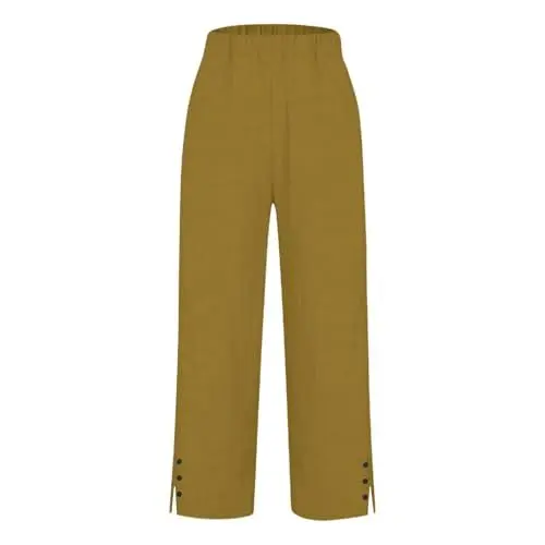 Produktbild: Cihdmfb Leinenhose Damen Leichte Sommerhosen Casual Hohe Taille Baumwolle Leine Cargohosen Große Größen Summer Caprihose Strandhose Bequeme Locker Freizeithose Outdoorhose mit Taschen(A-Gold,XL)
