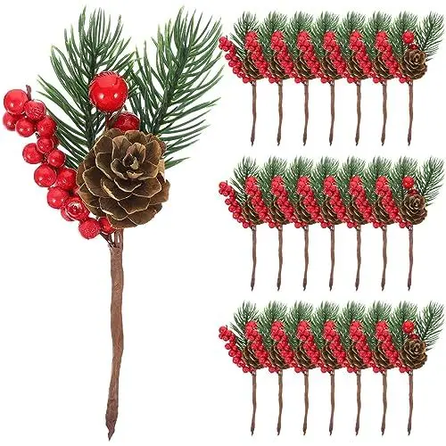 Produktbild: Ciieeo 10stücke Künstliche Weihnachtszweige Mit Roten Beeren Und Tannenzapfen Festliche Dekoration Für Weihnachten Für Weihnachtsbaum Kränze Und Bastelarbeiten