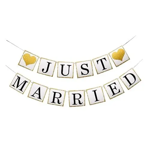 Produktbild: Ciieeo 2Stücke Hochzeitsbanner Glitter Love Heart für Hochzeit Papier Wimpel mit Married Schriftzug Romantische Hochzeitsgirlande für Festliche Anlässe