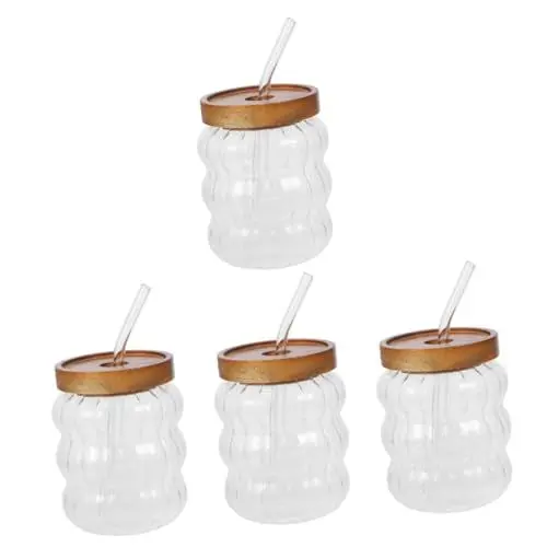 Produktbild: Ciieeo 4 Sets Tassengläser Mit Deckel Und Strohhalm Glasbecher Kaffeegläser Leere Saftflaschen Kleine Glasflaschen Mit Deckel Klare Gläser Glassaftflaschen