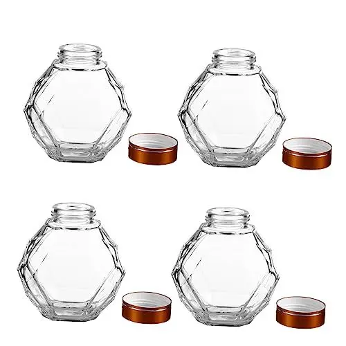 Produktbild: Ciieeo 4 Stück Honig Flasche honigbehälter vorratsbehälter glas marmeladendose chutney gläser honigtöpfe sturzglas Hexagon Marmeladenglas Glasflasche Sirup Schatz Eisen