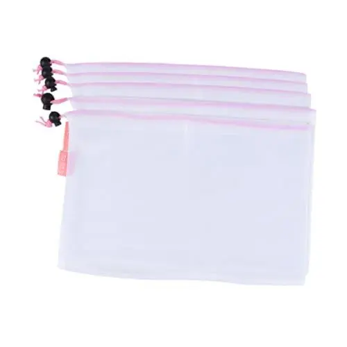 Produktbild: Ciieeo 5Stücke Wiederverwendbare Teiliges Mesh Gemüsetaschen mit Rosa Kordelzug Atmungsaktive Aufbewahrungstaschen für Gemüse für Transport und Lagerung