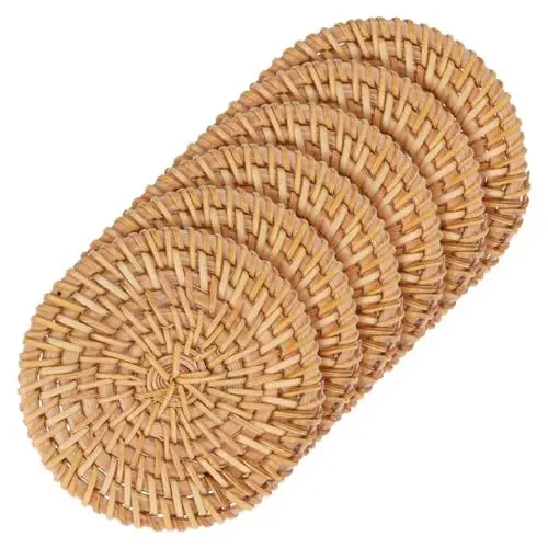 Produktbild: Ciieeo 6st Untersetzer Geflochtene Tischsets Ländliche Einrichtung Haushaltsbecher Dekor Für Couchtisch Handgewebte Tischsets Tischdekorationen Runde Tischsets Tasse Light Brown Rattan