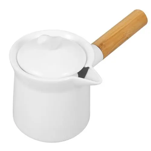 Produktbild: Ciieeo Emaille-Milchtopf 350 Ml Mini-Butterwärmer Antihaftbeschichteter Milch-Heiztopf Kleiner Emaille-Topf Mit Holzgriff Und Deckel Zum Erhitzen Flüssiger Portionen Weiß