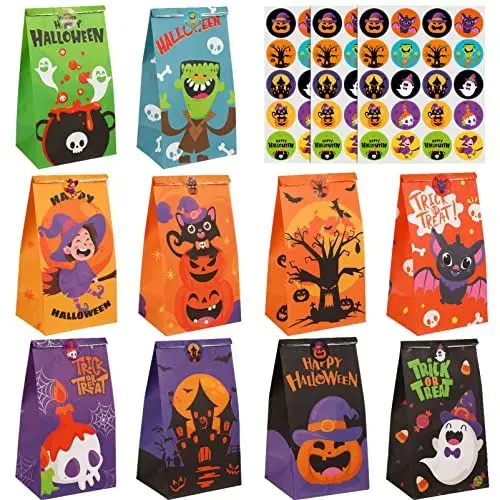 Produktbild: Halloween Papiertüten 50 Stück Halloween Tüte Süßigkeiten Kinder Halloween Candy Taschen Halloween Geschenktüte mit Aufkleber Halloween Goodie Bags für Süßes oder Saures